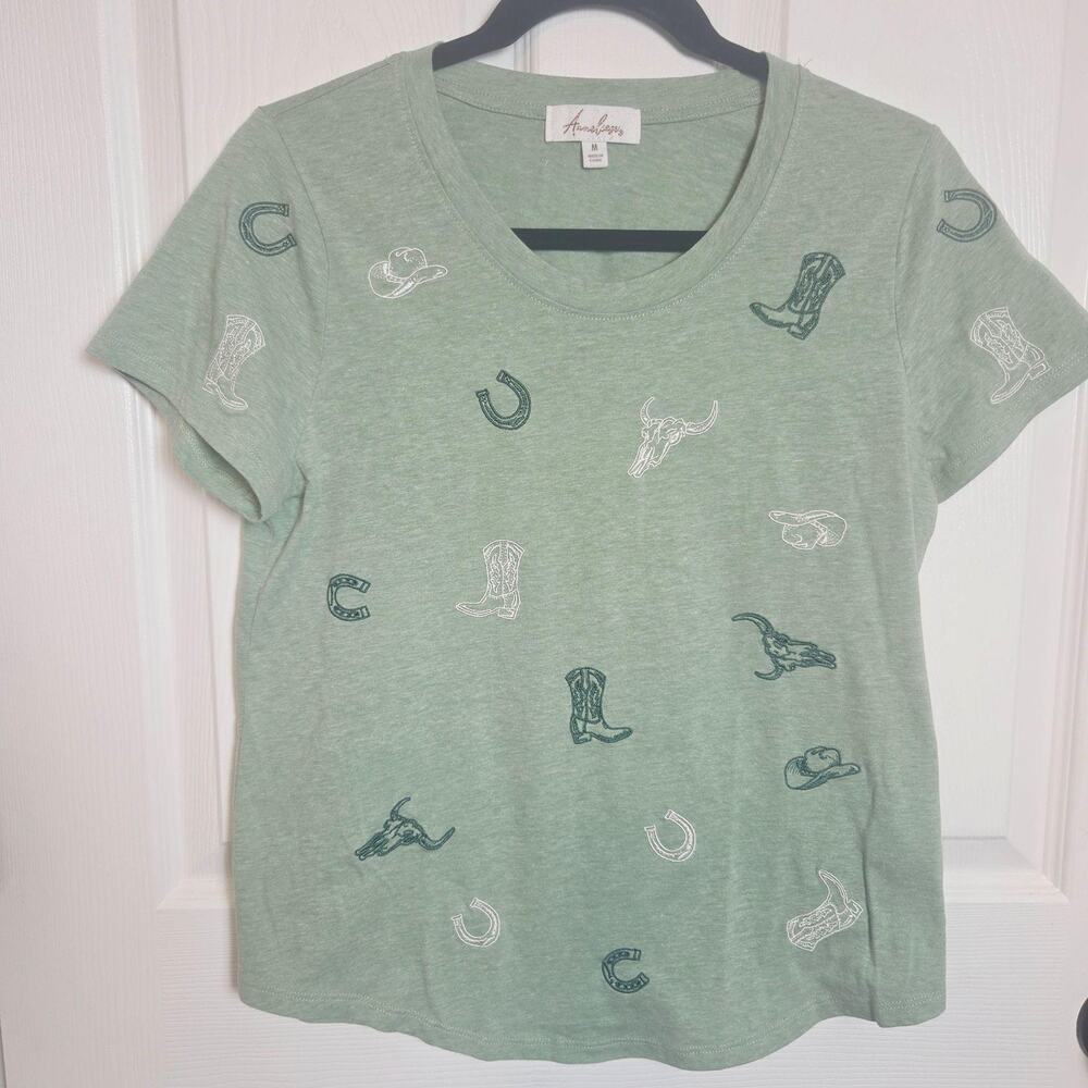 Anneliese Shirt Womens M Green Western Cowboy Boot Horseshoe Embroidered Tee